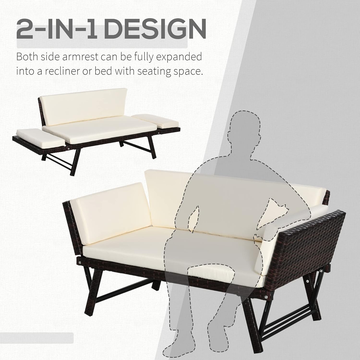 Rattan Garden Sofa Bed Convertible Bench Lounger Brown