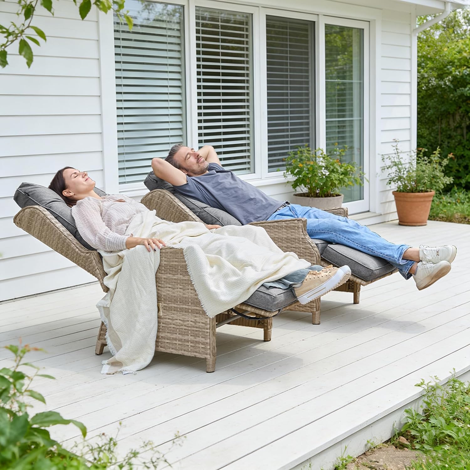 2 Piece Rattan Reclining Garden Lounger Set Grey Beige