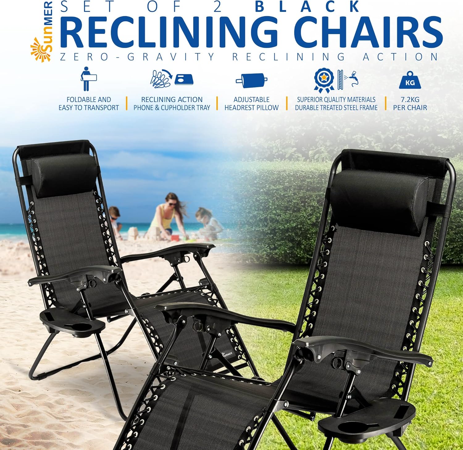 Zero Gravity Sun Loungers Set of 2 Black Reclining Chairs