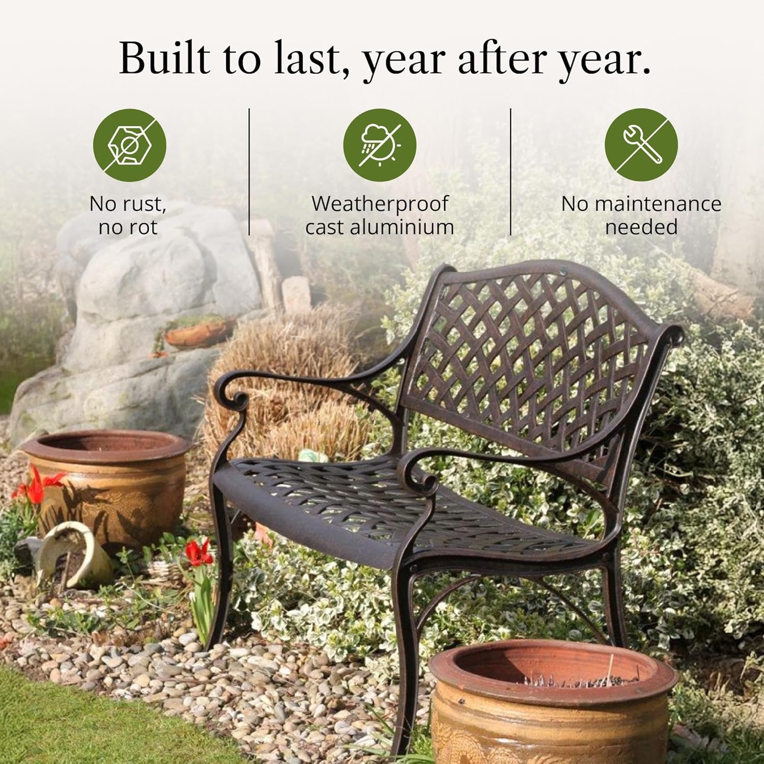 Cast Aluminium Garden Bench 2 Seater Outdoor Patio Seat Cushion