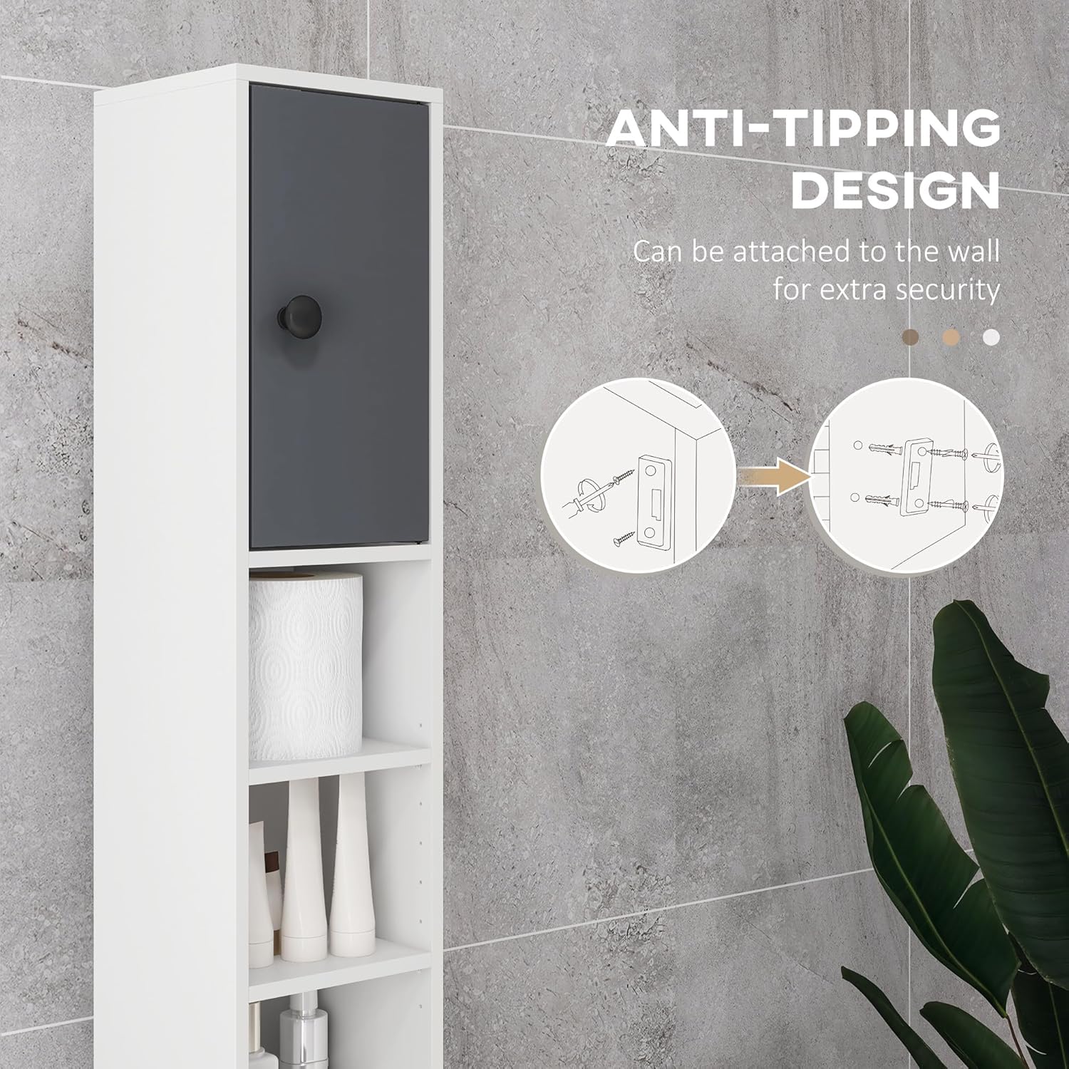 180cm Slim Bathroom Storage Cabinet 4 Shelves 2 Doors White Grey