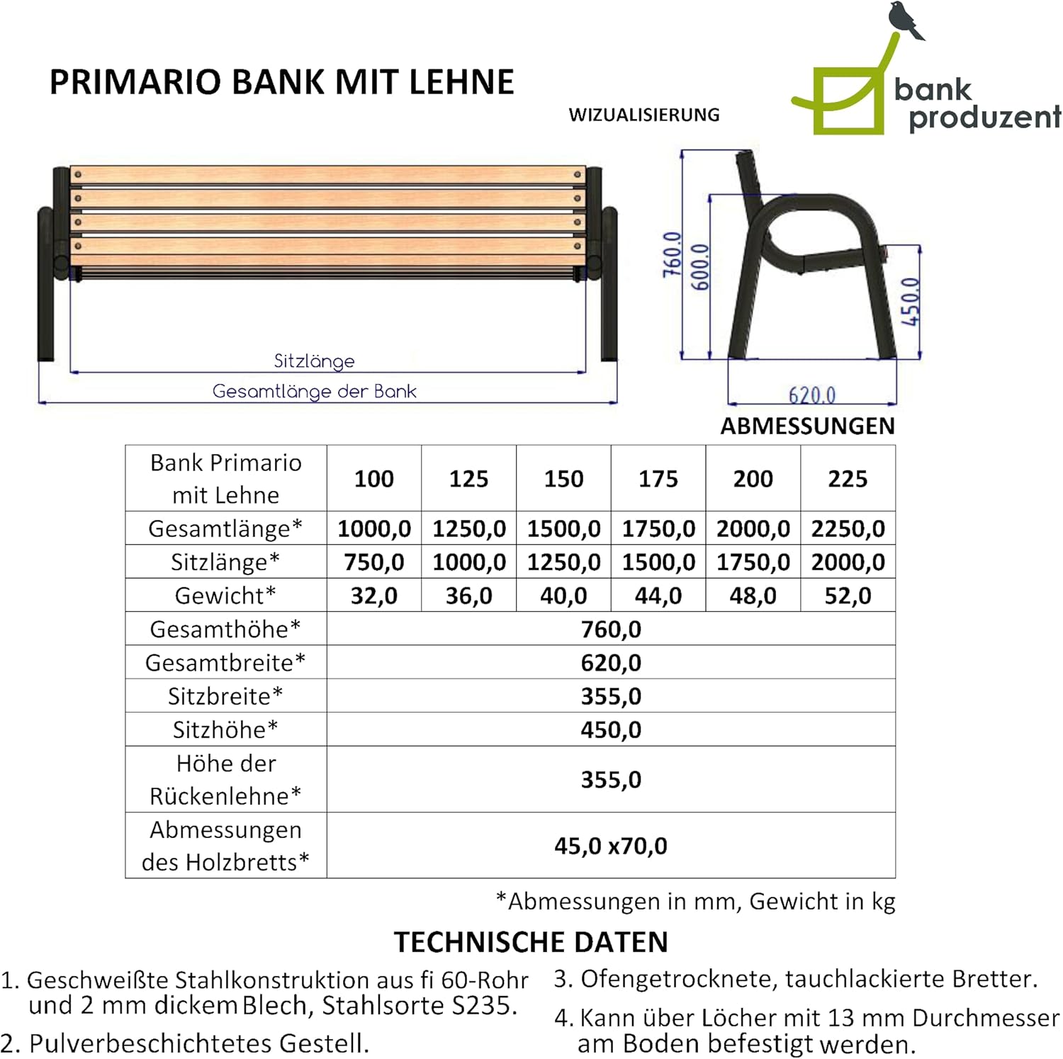 4 Seater Outdoor Garden Bench Steel Frame Wood Slats 200cm
