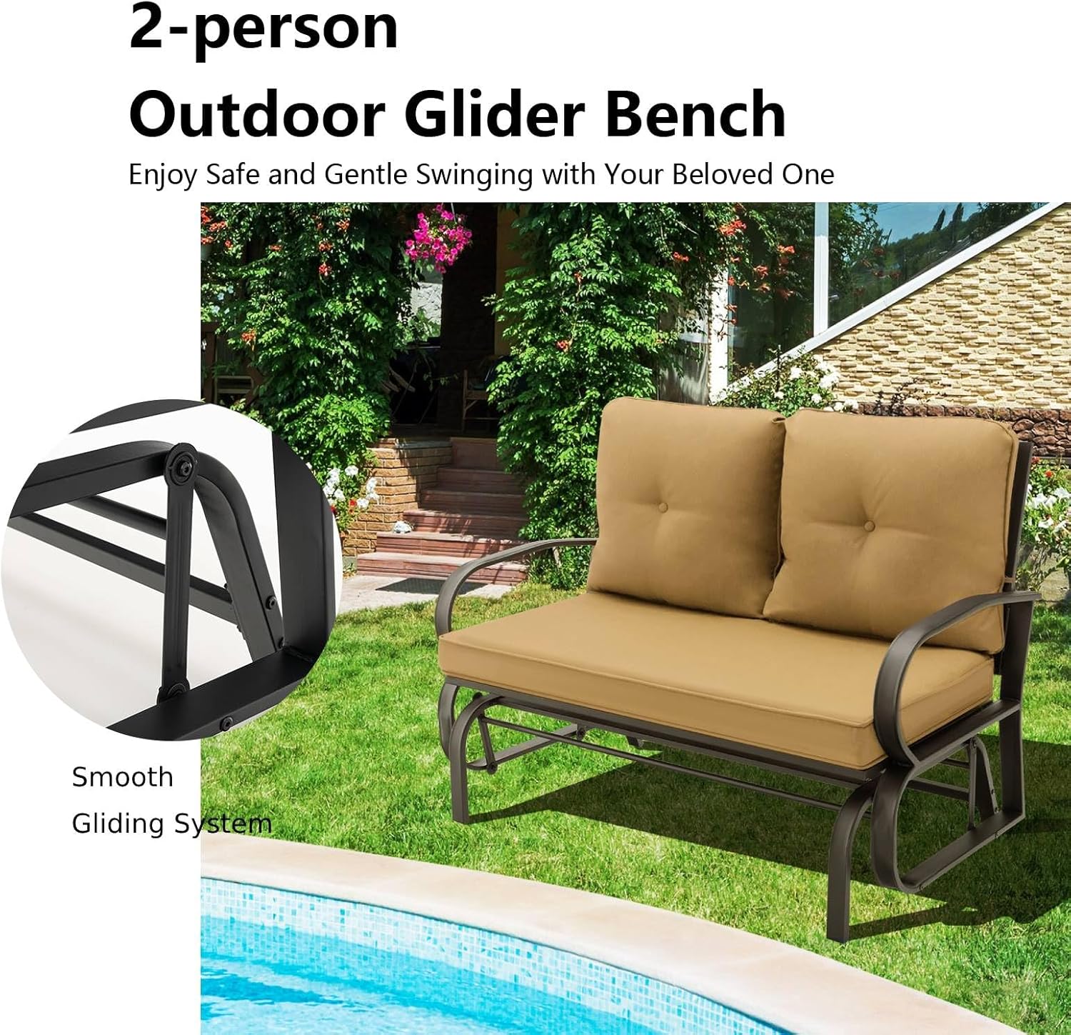 2 Seater Outdoor Glider Bench Metal Rocking Garden Chair w/Cushions