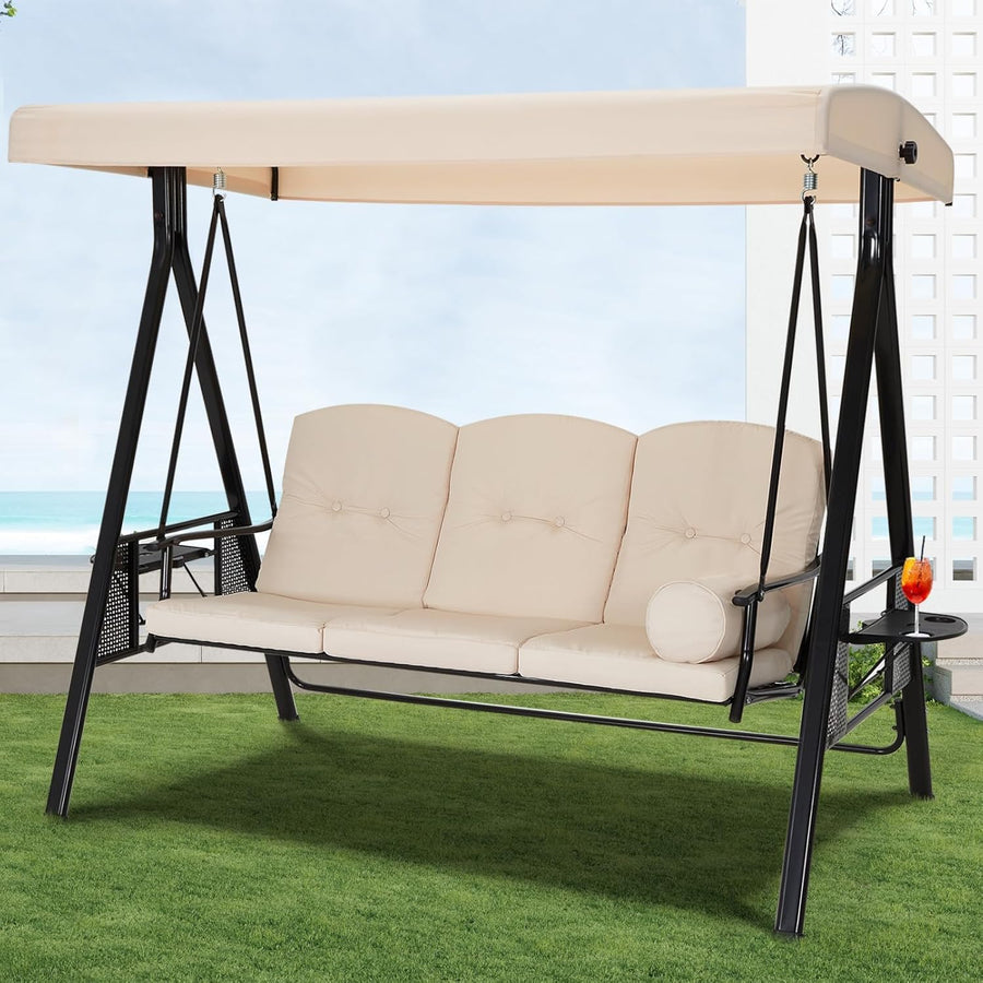 Beige 3 Seater Garden Swing Chair with Canopy Side Tables