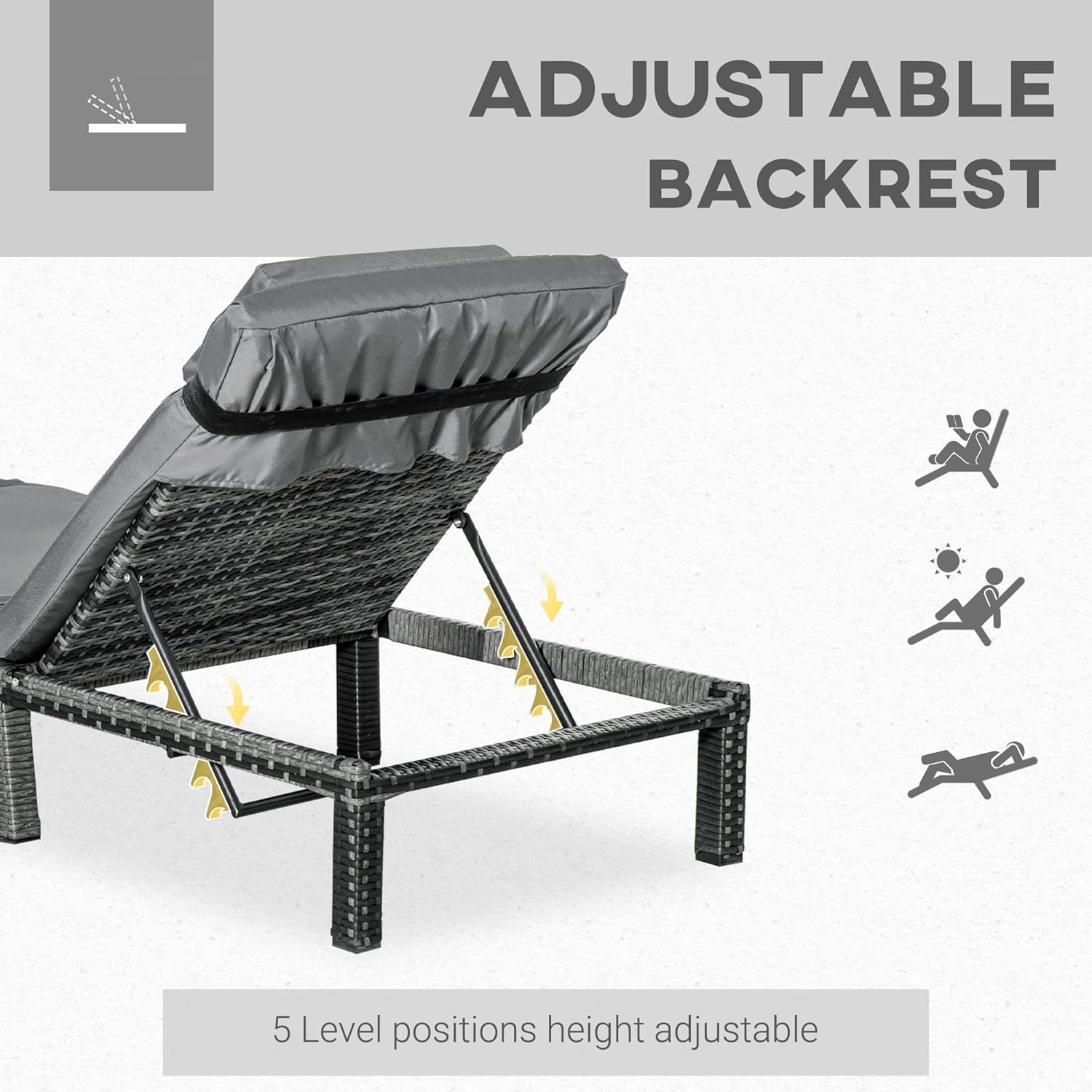 Rattan Sun Lounger 5 Level Recliner Cushion Grey