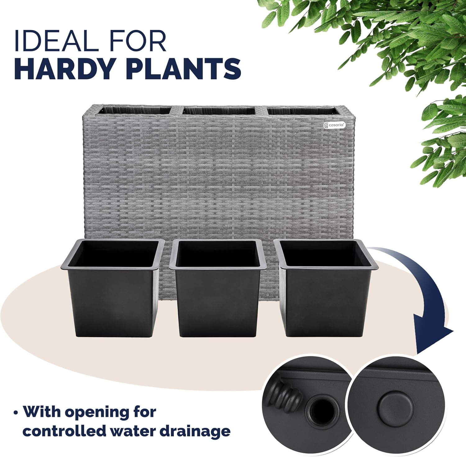 Large Tall Rattan Planter Box 83cm Grey with 3 Inner Pots