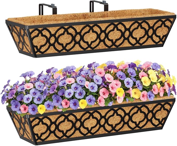 24in Hanging Planter Box Set 2 Metal Railing Trough Coco Liner