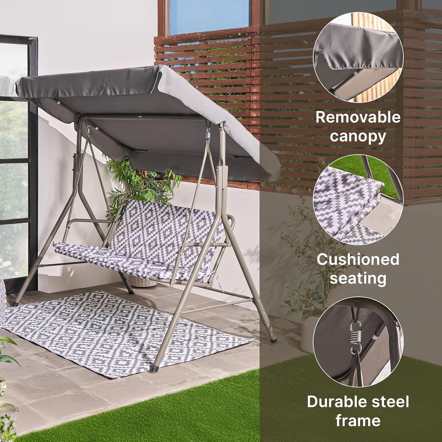 3 Seater Garden Swing Bench with Geometric Cushion Grey