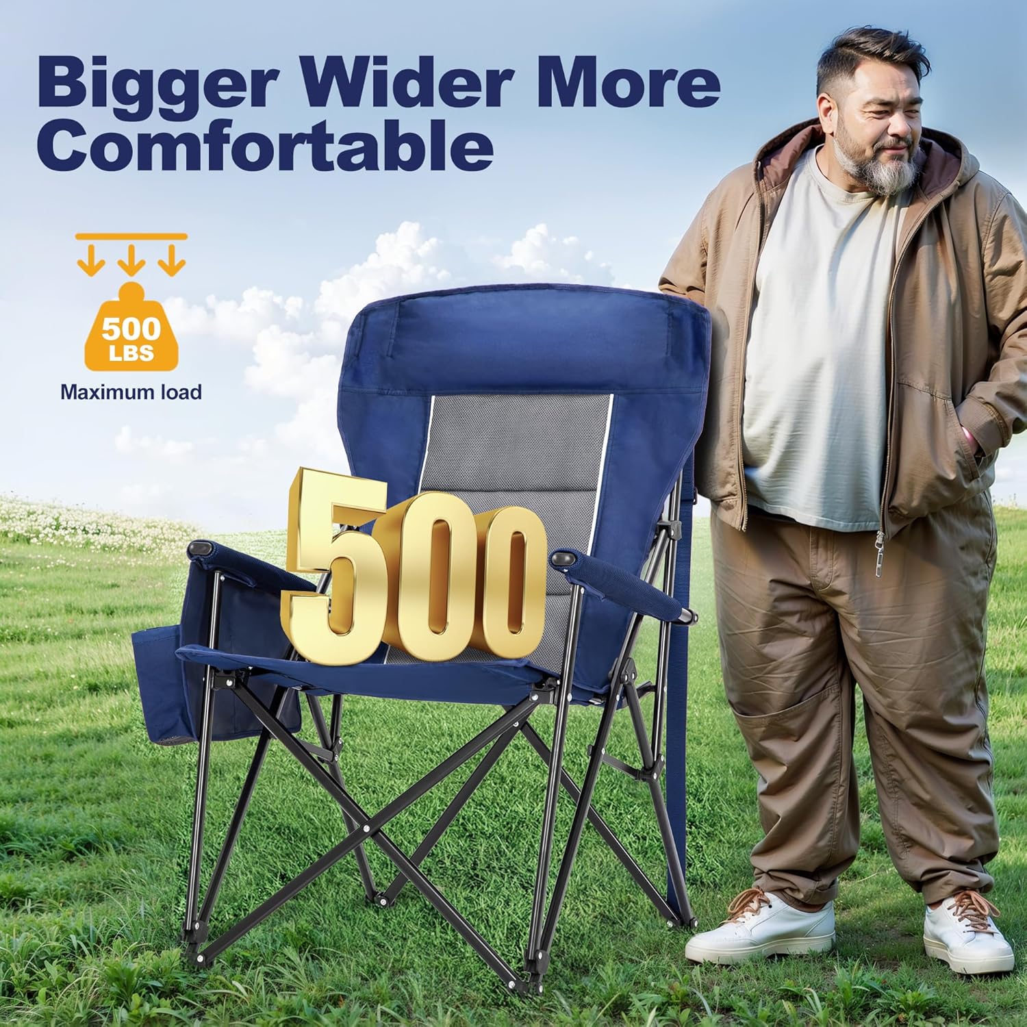 Oversized Heavy Duty Camping Chair 500LB with Headrest Blue