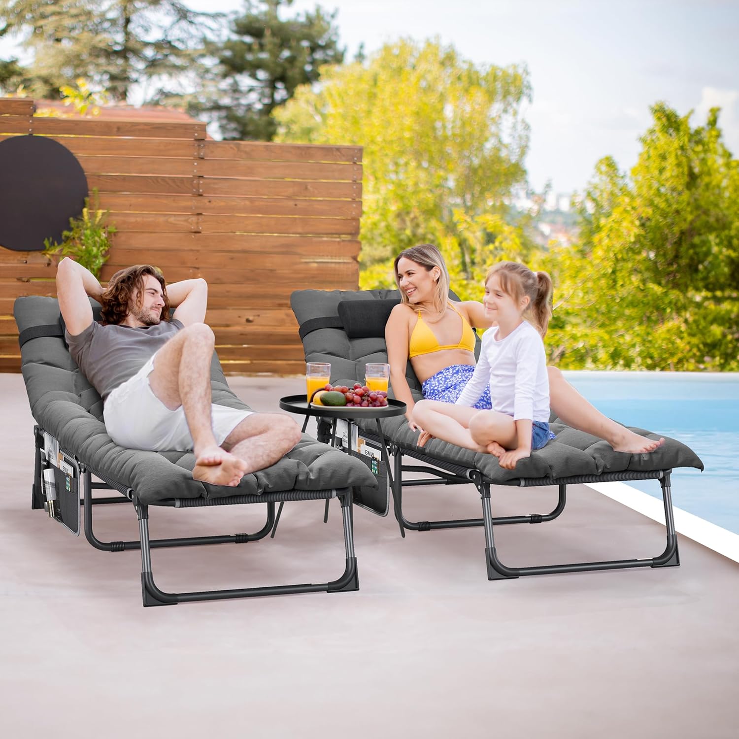 Set of 2 Folding Sun Loungers Reclining Beds Grey