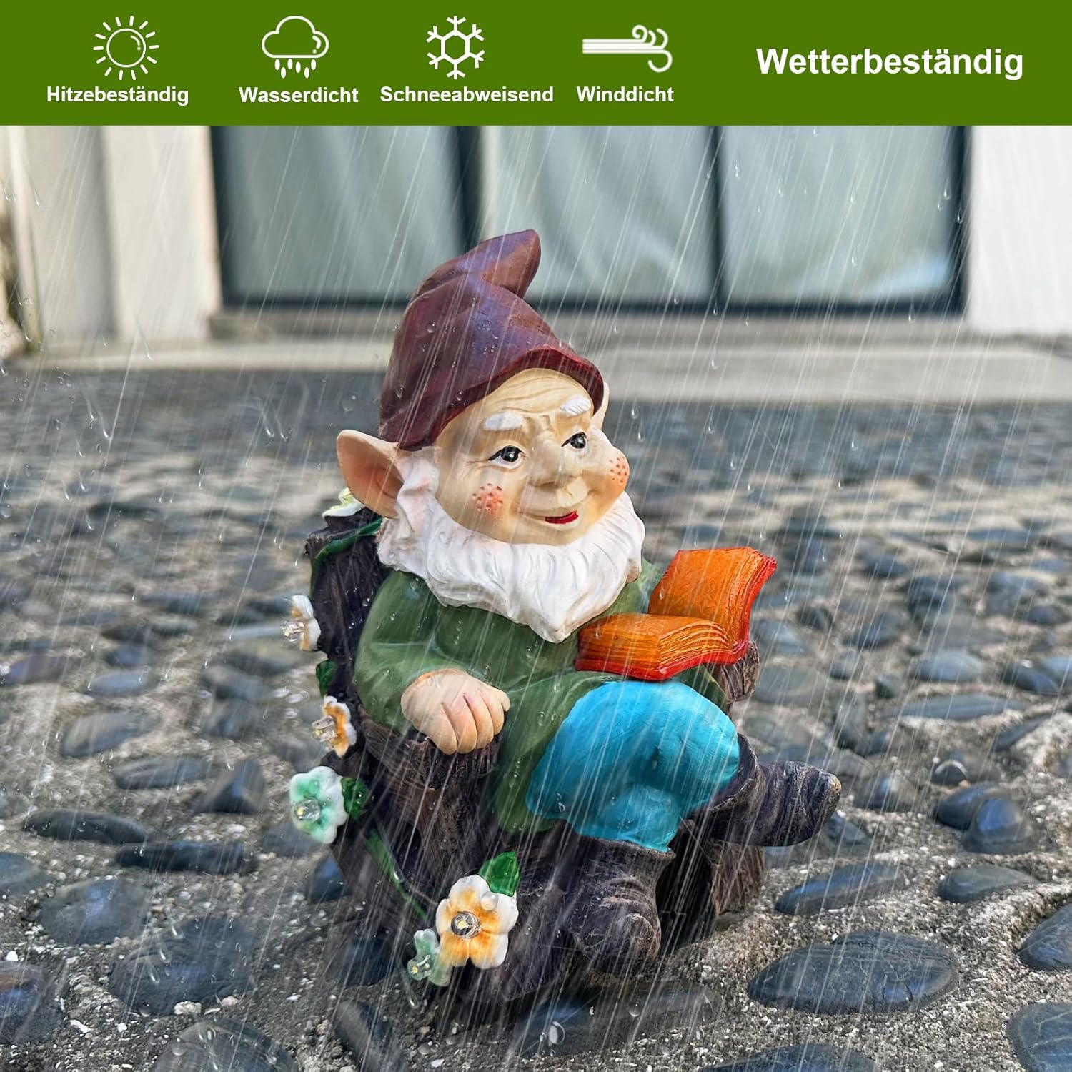 Solar Garden Gnome LED Reading Statue Decor