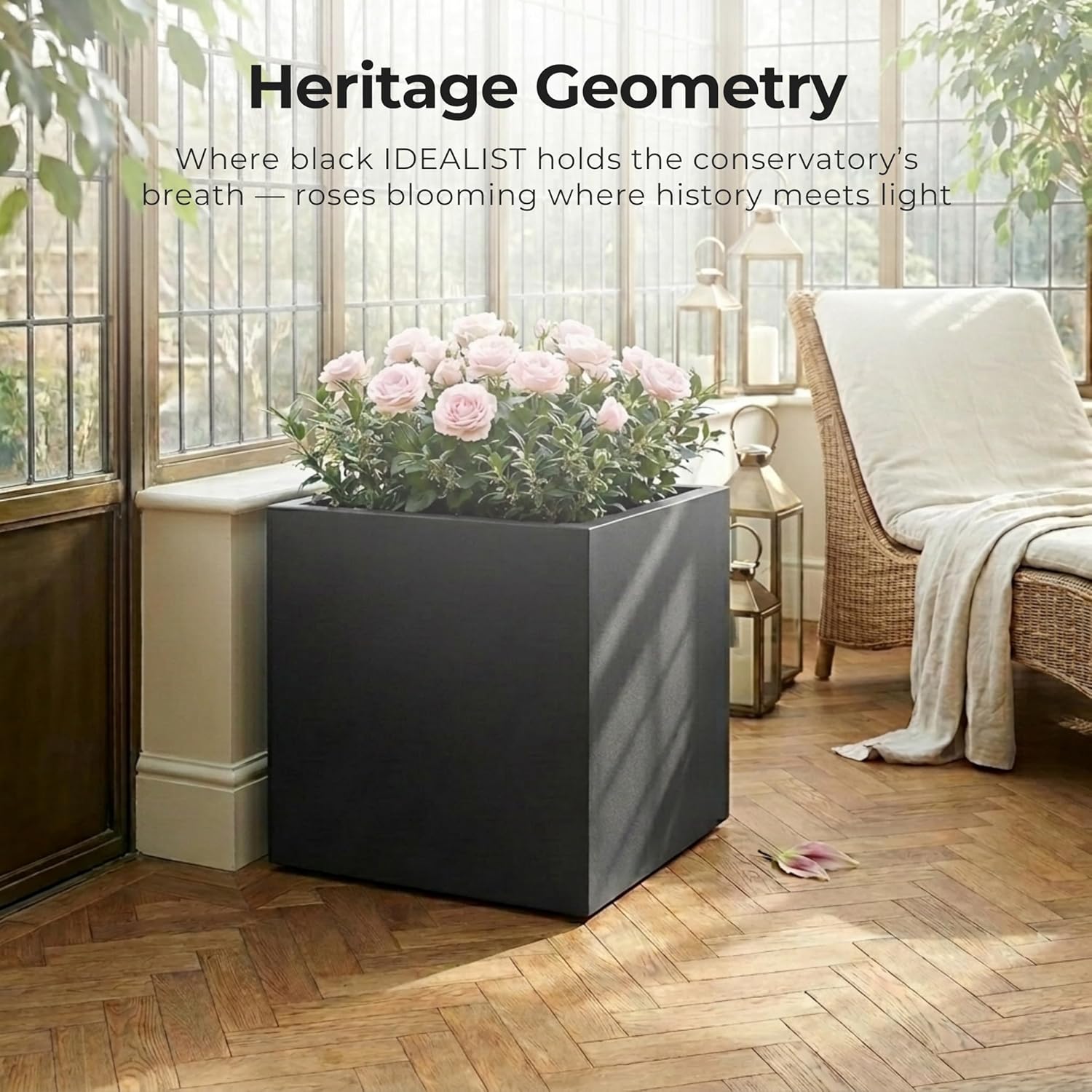 60cm Large Square Planter Black Stone Effect Tree Pot Drainage