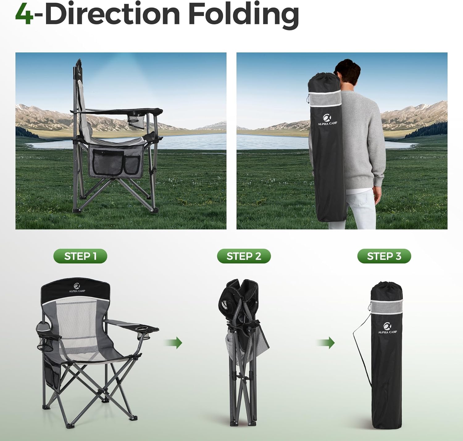 Oversized Camping Chair Mesh Back Folding Seat Black