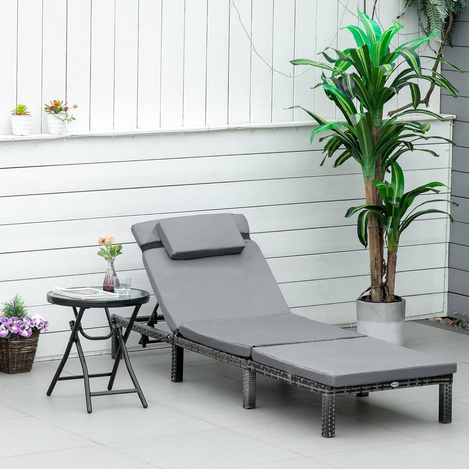 Rattan Sun Lounger 5 Level Recliner Cushion Grey