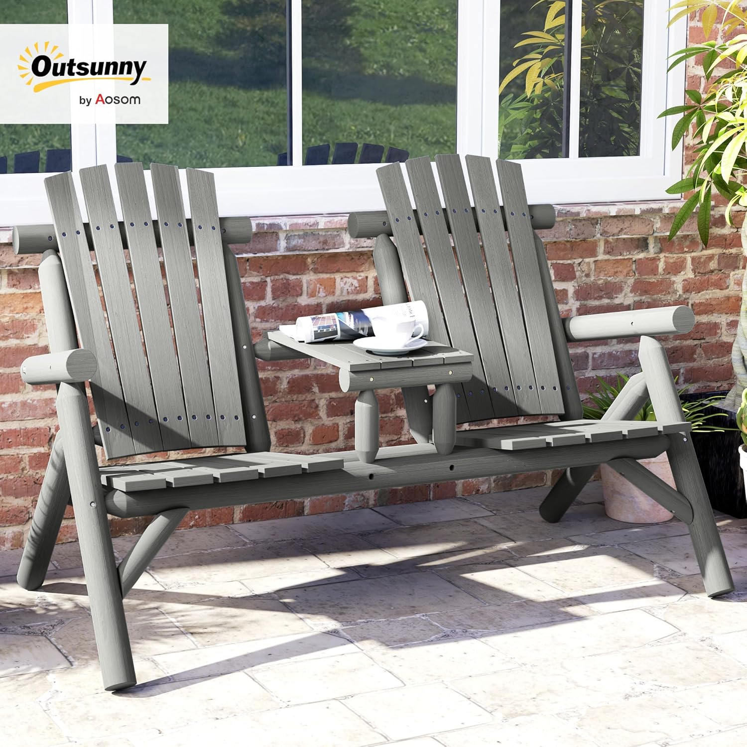 2 Seater Wooden Garden Bench with Middle Table Patio Loveseat Seat