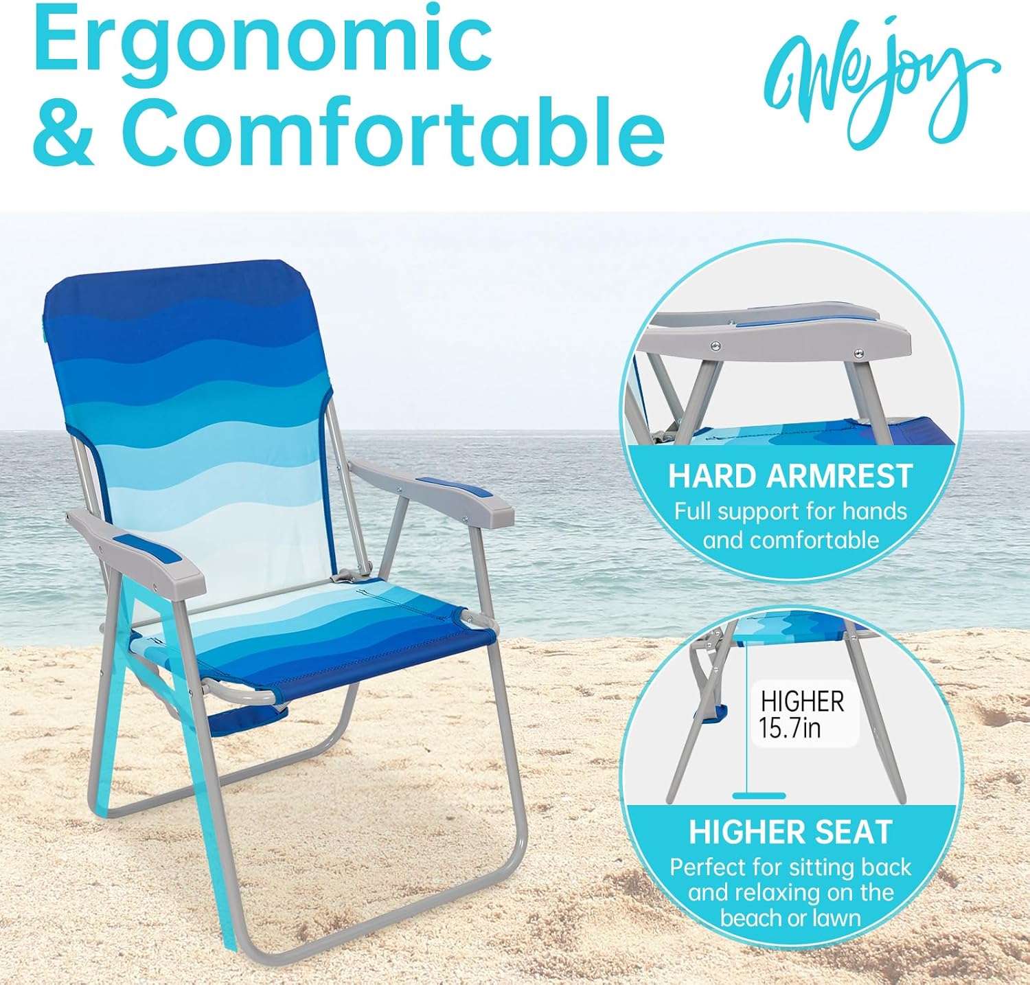Folding Beach Chair High Back Wide Seat Dark Blue
