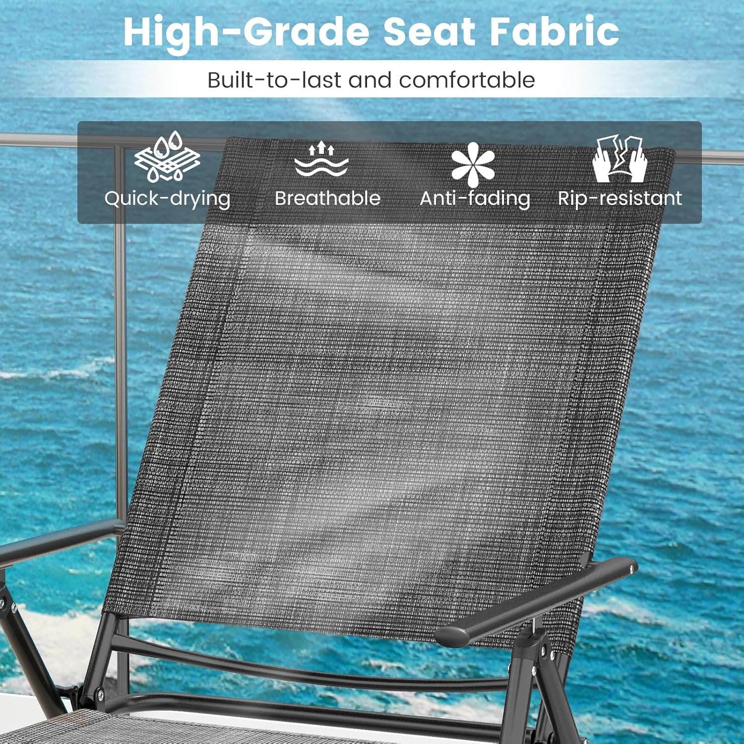 2 Folding Sun Loungers 6 Position Recliner Chairs Grey