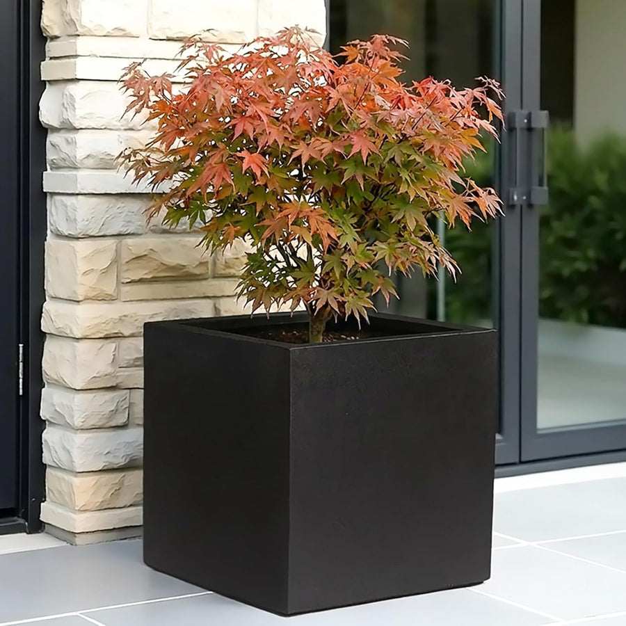 50cm Large Square Planter Black Stone Effect Tree Pot Drainage