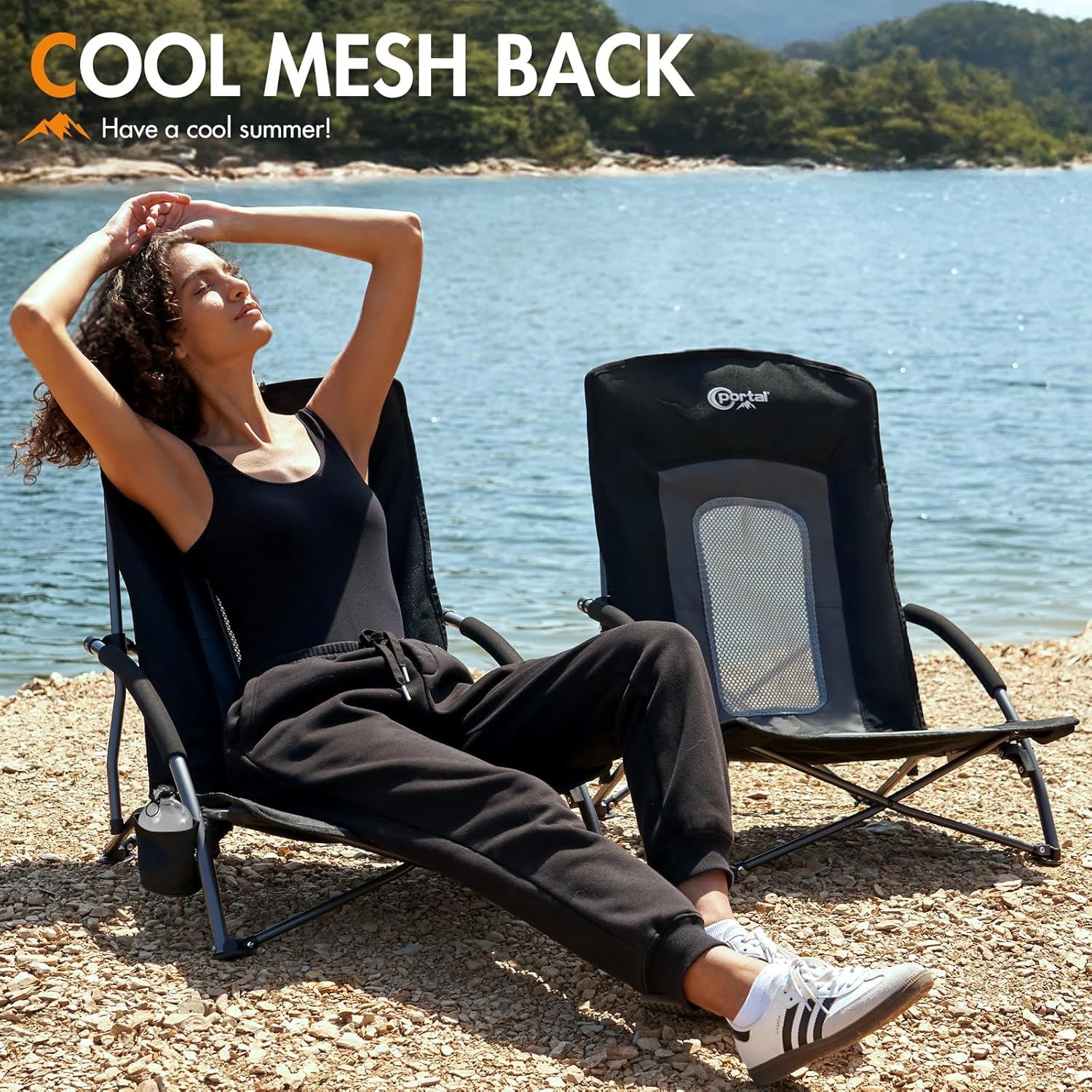 Low Beach Chair Folding Lightweight Seat with Cup Holder
