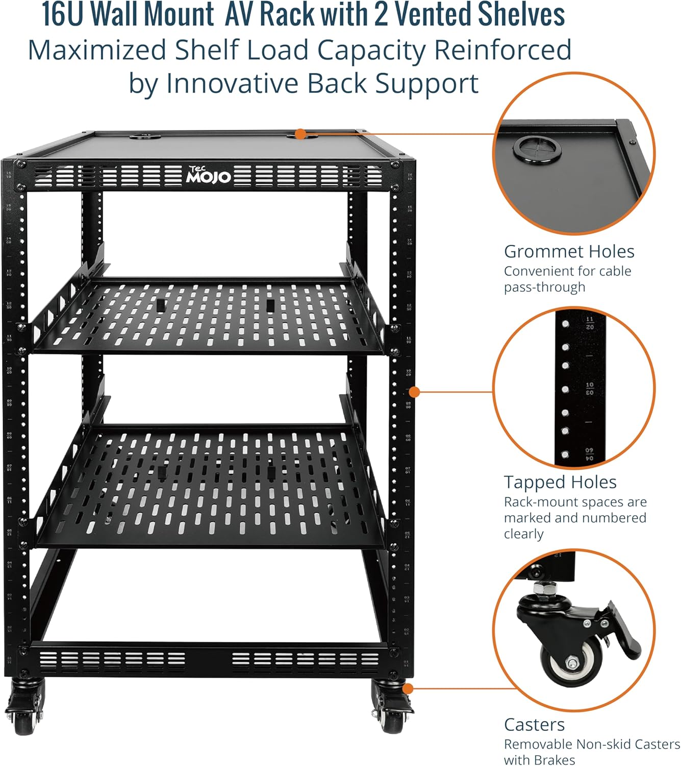 16U Open Frame Network Rack with Wheels 4 Post AV Stand