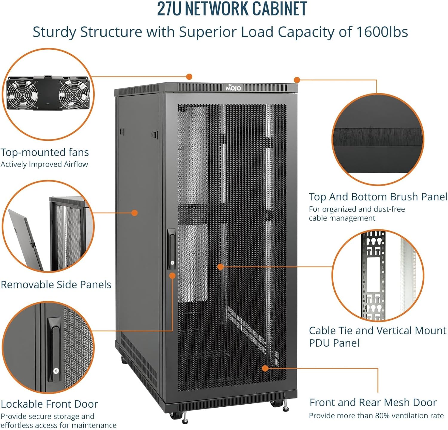 27U Server Rack Cabinet 800mm Mesh Door Assembled