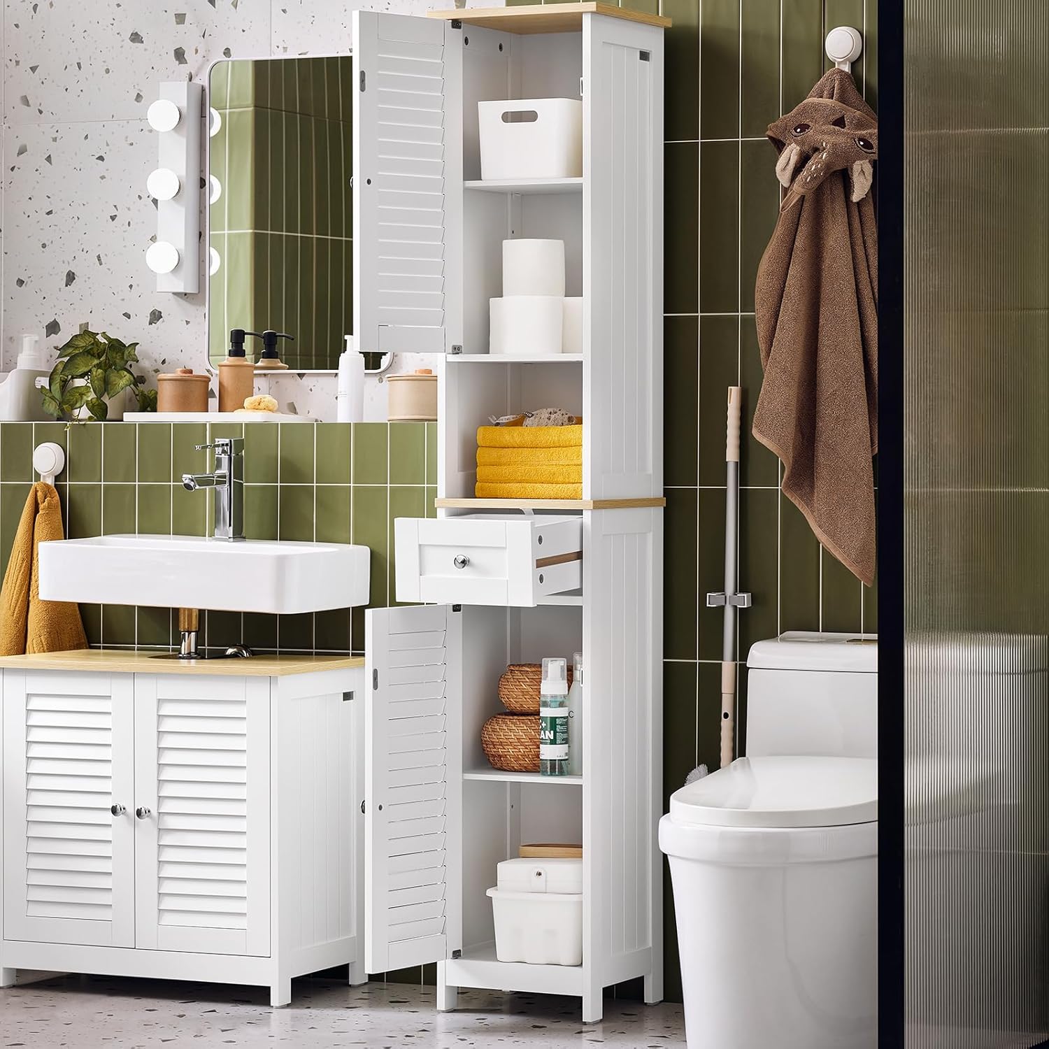 Slim Tall Bathroom Cabinet White Natural Louver Storage