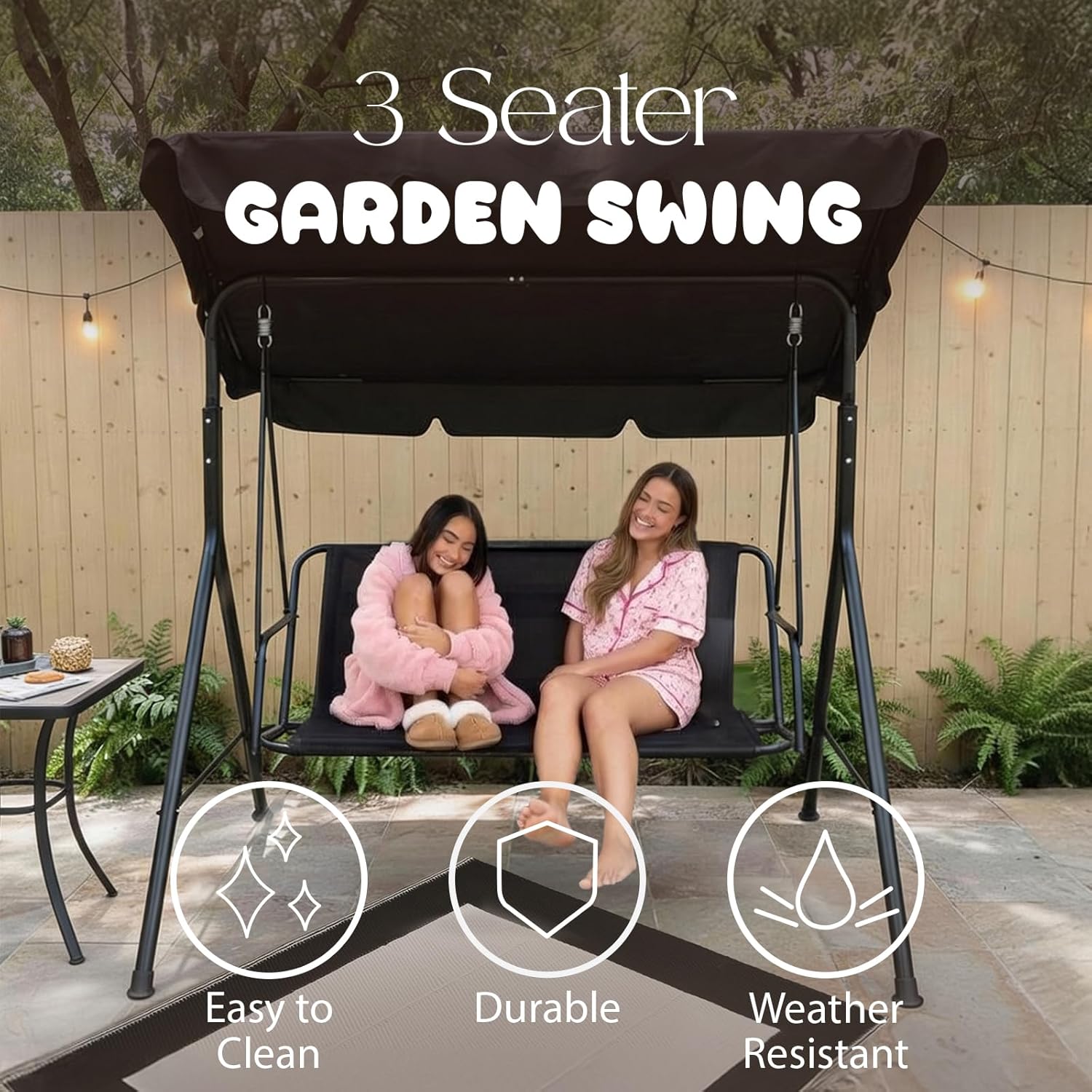 3 Seater Garden Swing Bench with Adjustable Canopy Stripe