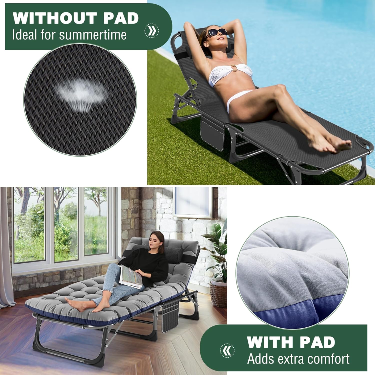 Oversized Folding Sun Lounger Bed 5 Position 200kg Blue
