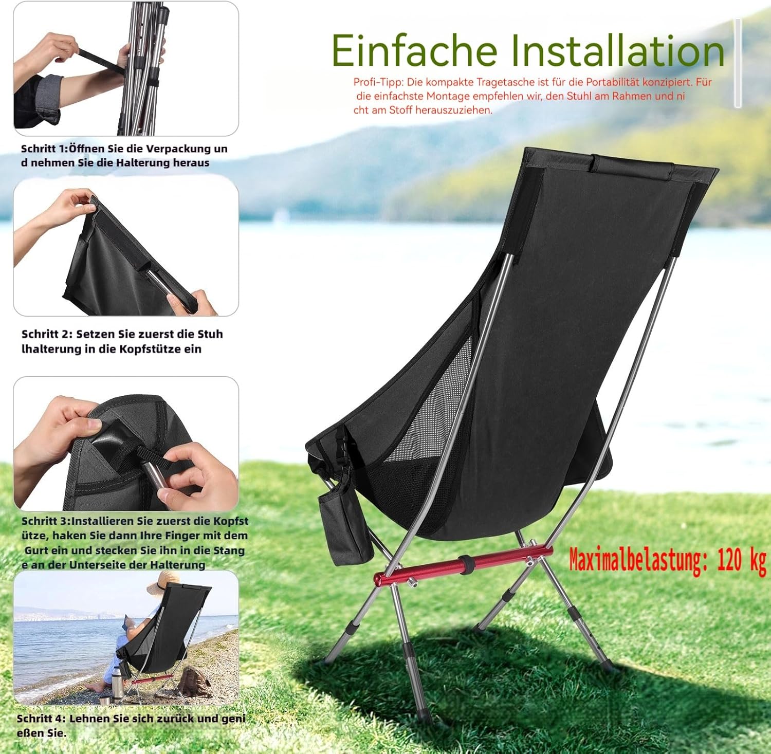 Foldable Camping Chair High Back Adjustable Black