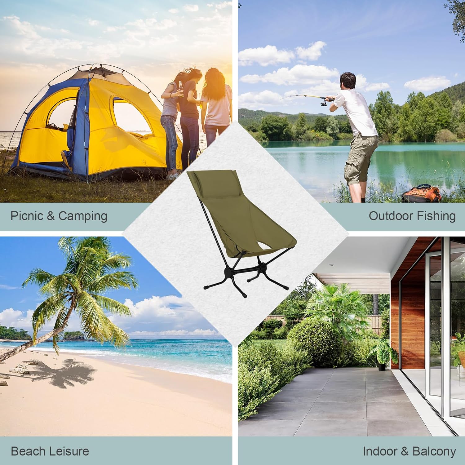 Set of 2 High Back Folding Camping Chairs Lightweight Green