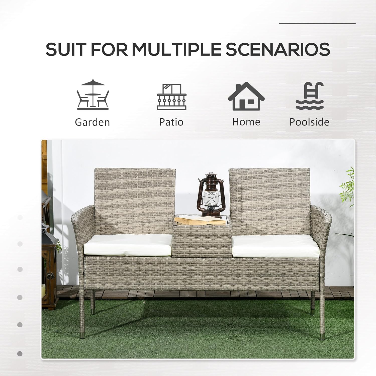 2 Seater Rattan Garden Bench with Glass Table Patio Love Seat Grey