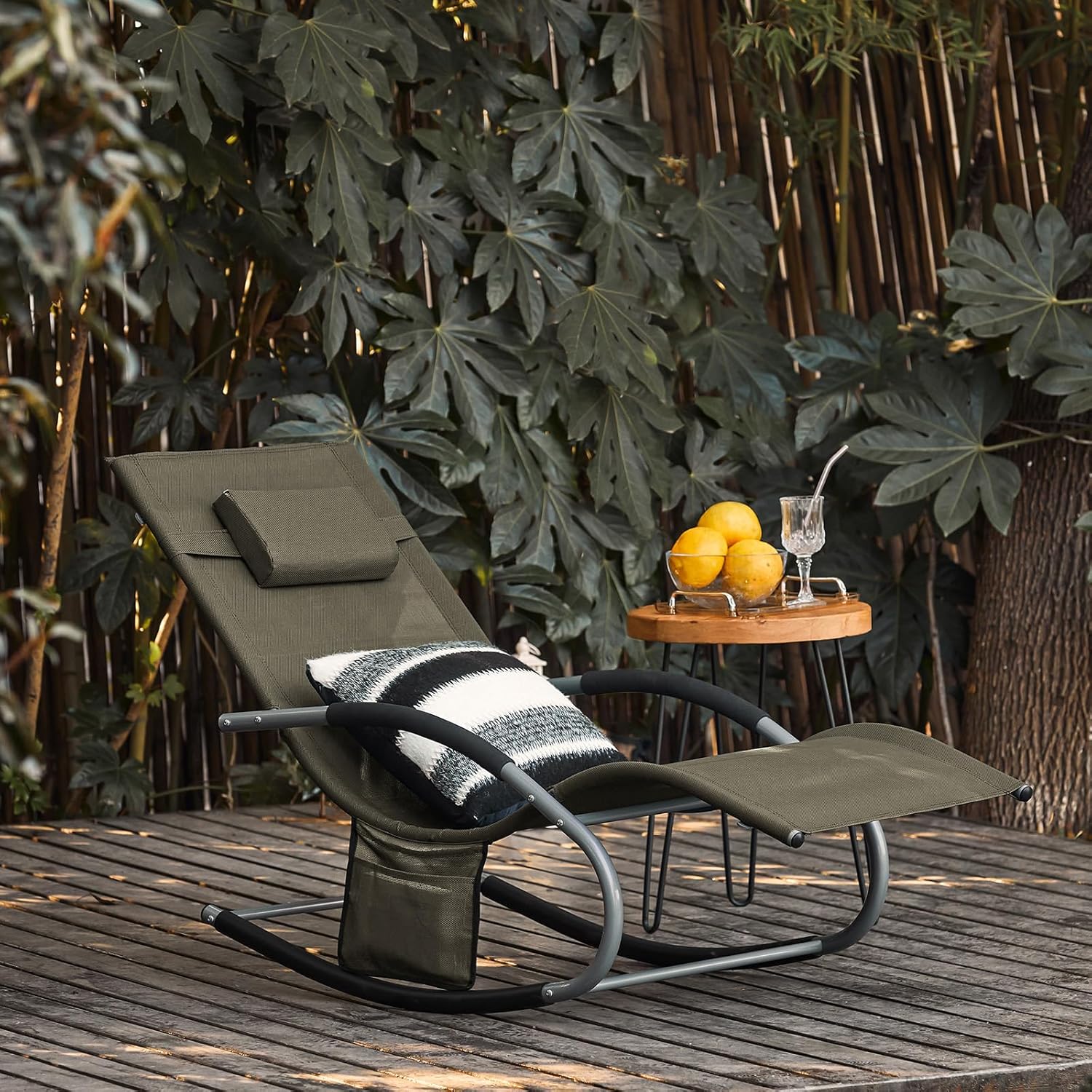 Outdoor Rocking Recliner Chair with Pillow Pocket Brown