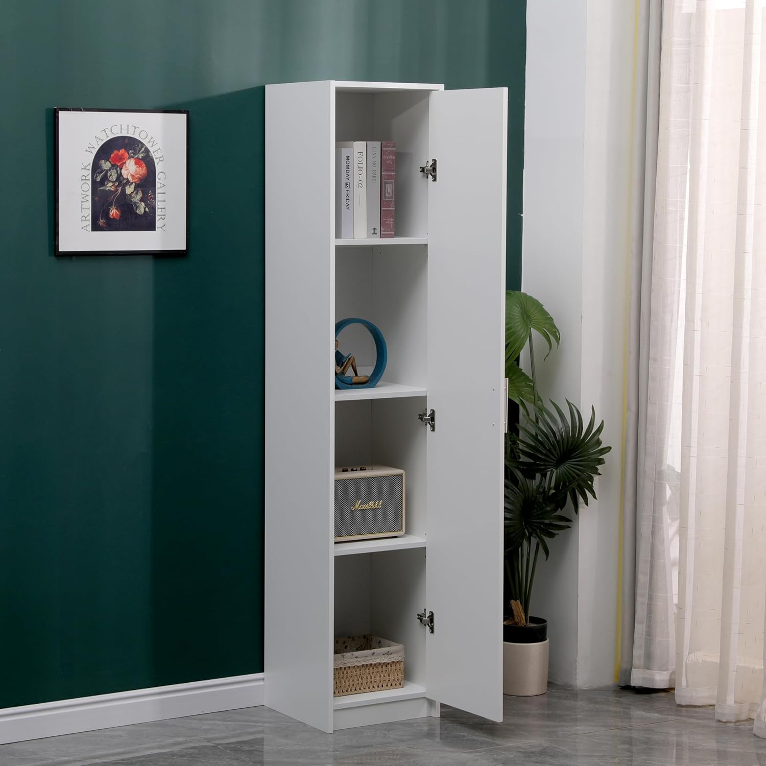 Tall Slim Storage Cabinet Black 1 Door 3 Shelf Unit