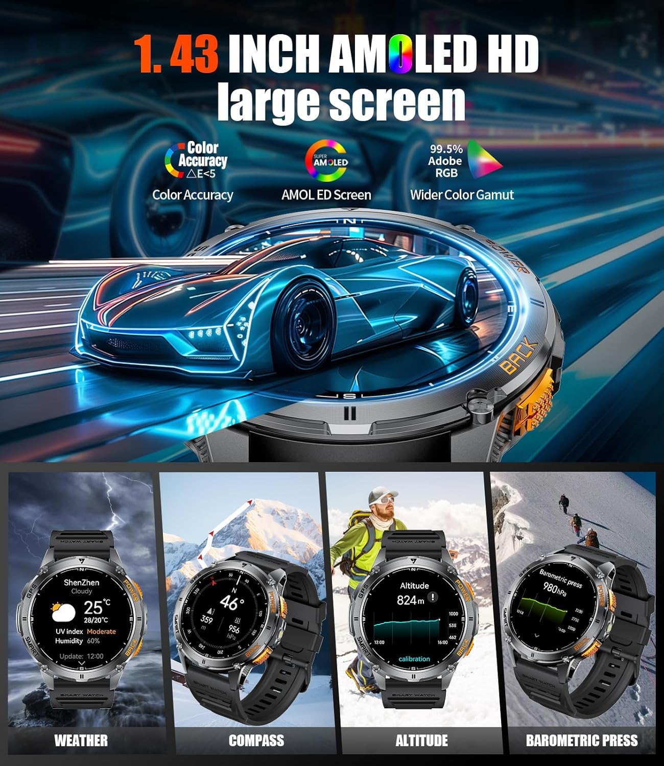 Military Smart Watch GPS AMOLED Bluetooth Call 170 Sport Modes