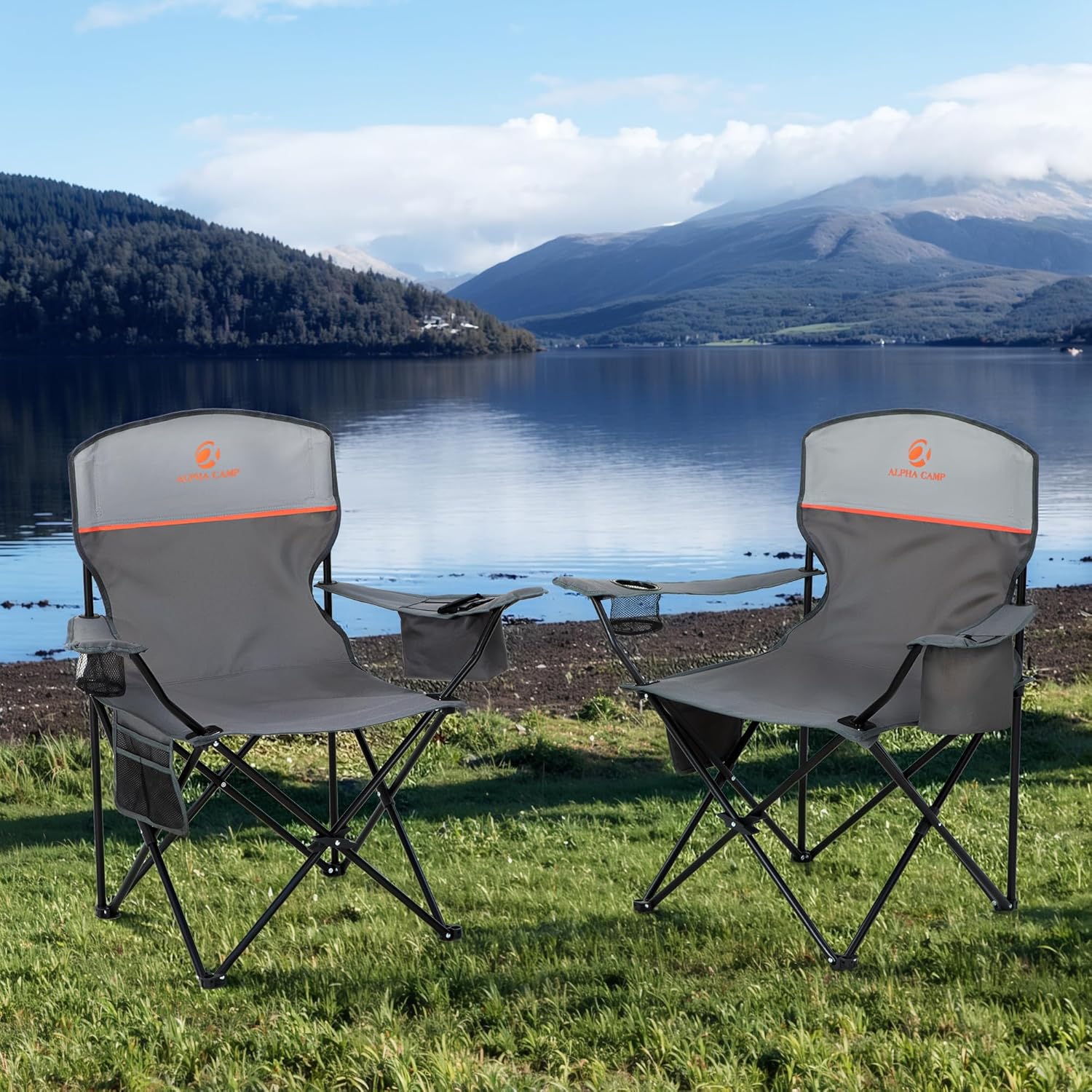 Camping Chairs 2 Pack Cooler Bag Cup Holder Grey