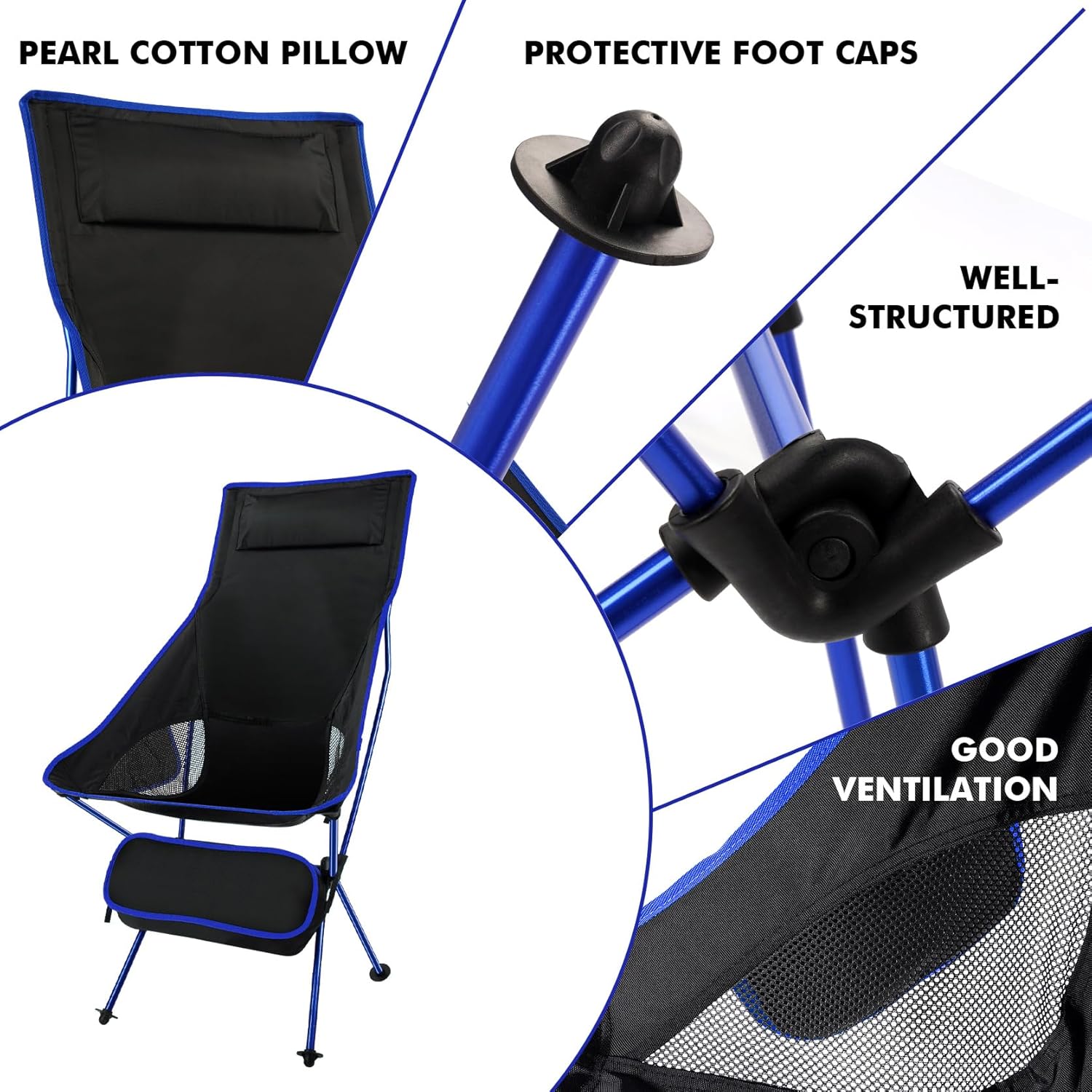 Lightweight High Back Folding Camping Chair with Headrest Blue