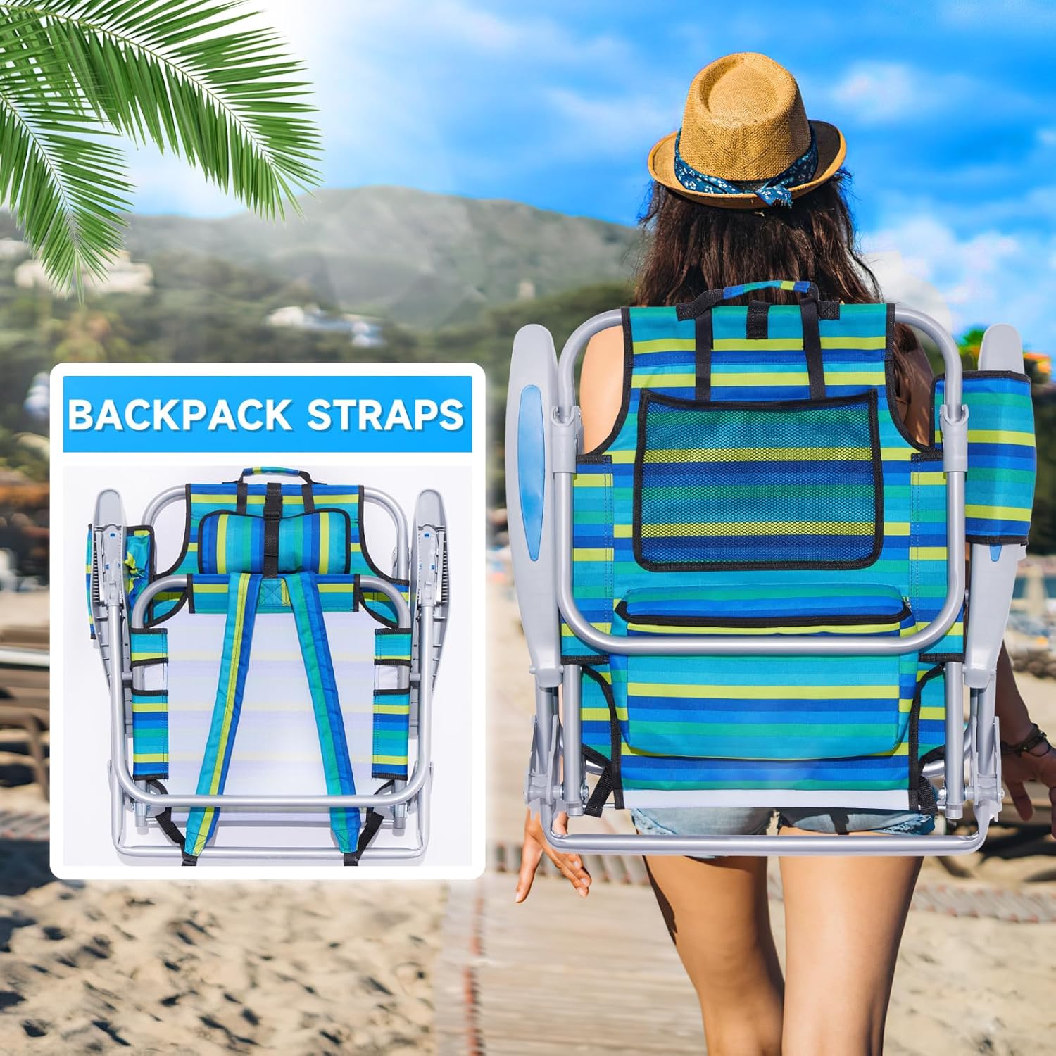 Lightweight Reclining Beach Chair 4 Position Ocean Striped