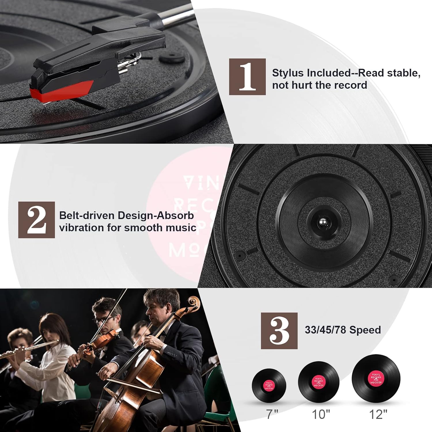 Bluetooth Vinyl Record Player 3-Speed Belt Drive Turntable with Stereo Speakers