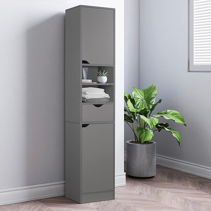 Tall Bathroom Storage Cabinet Grey 2 Door Drawer Unit