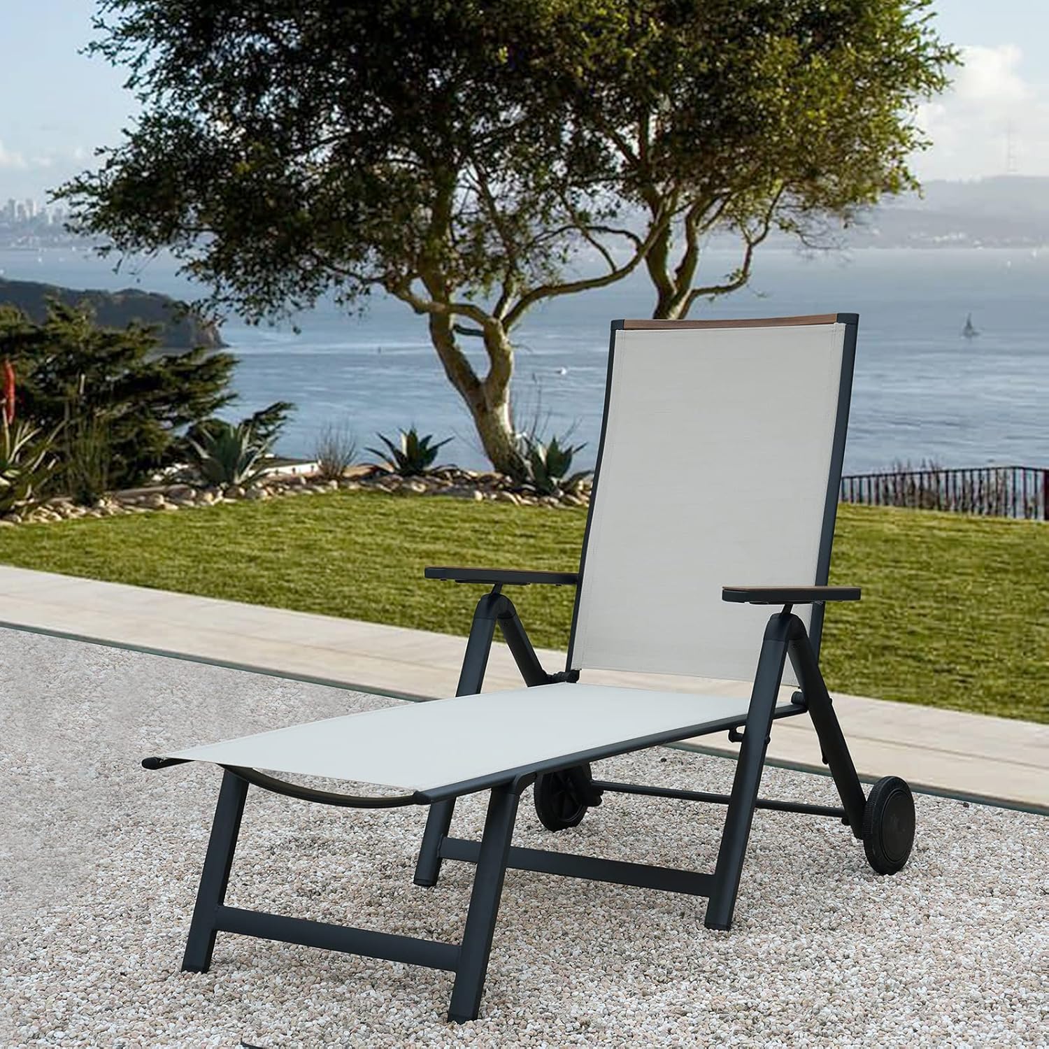 Sun Lounger with Wheels Beige Folding Reclining Chair