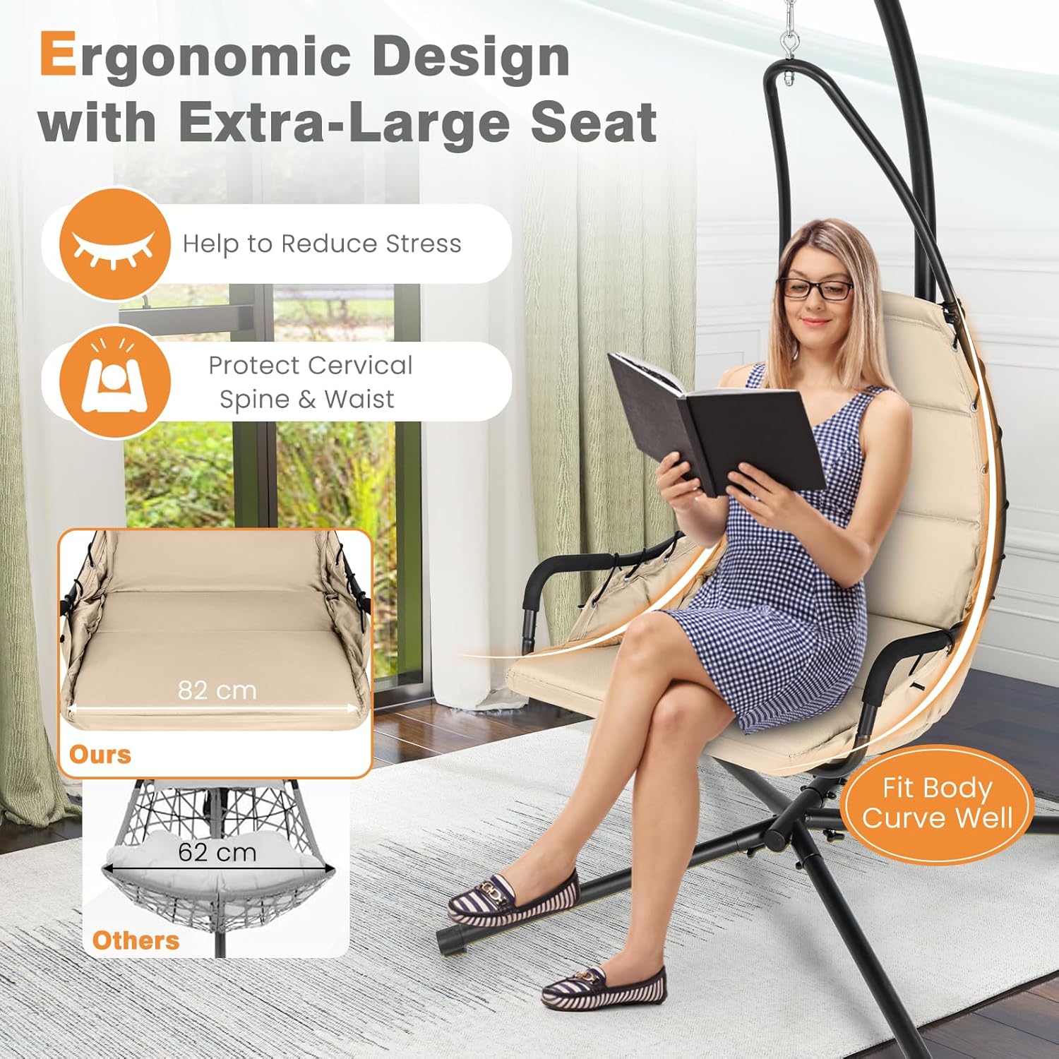 Hammock Swing Chair with Stand Beige Padded Seat Metal