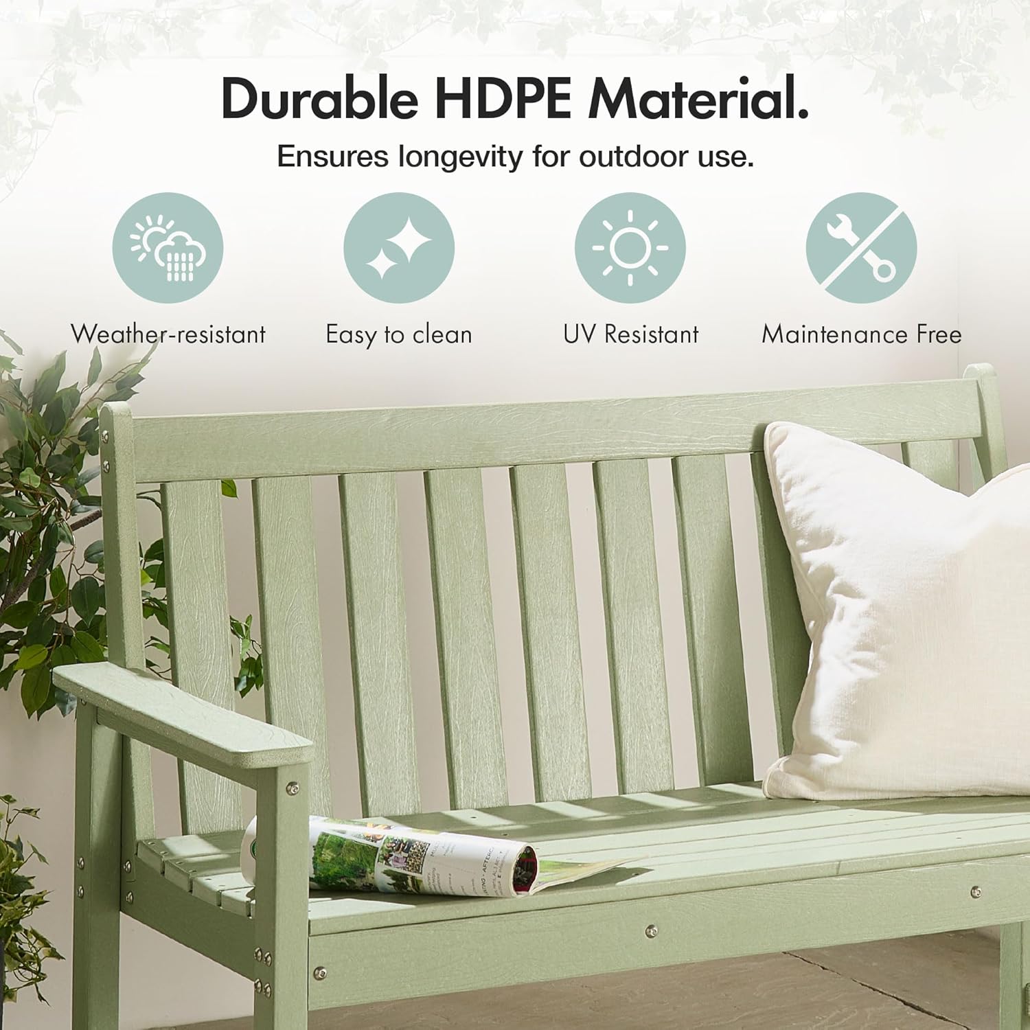 Sage Green Garden Bench 2 Seater HDPE Outdoor Patio Seat Slatted