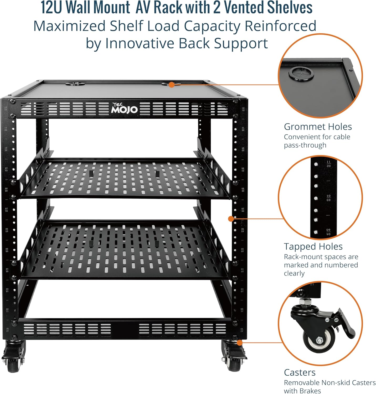 12U Open Frame Network Rack with Wheels 4 Post AV Rack