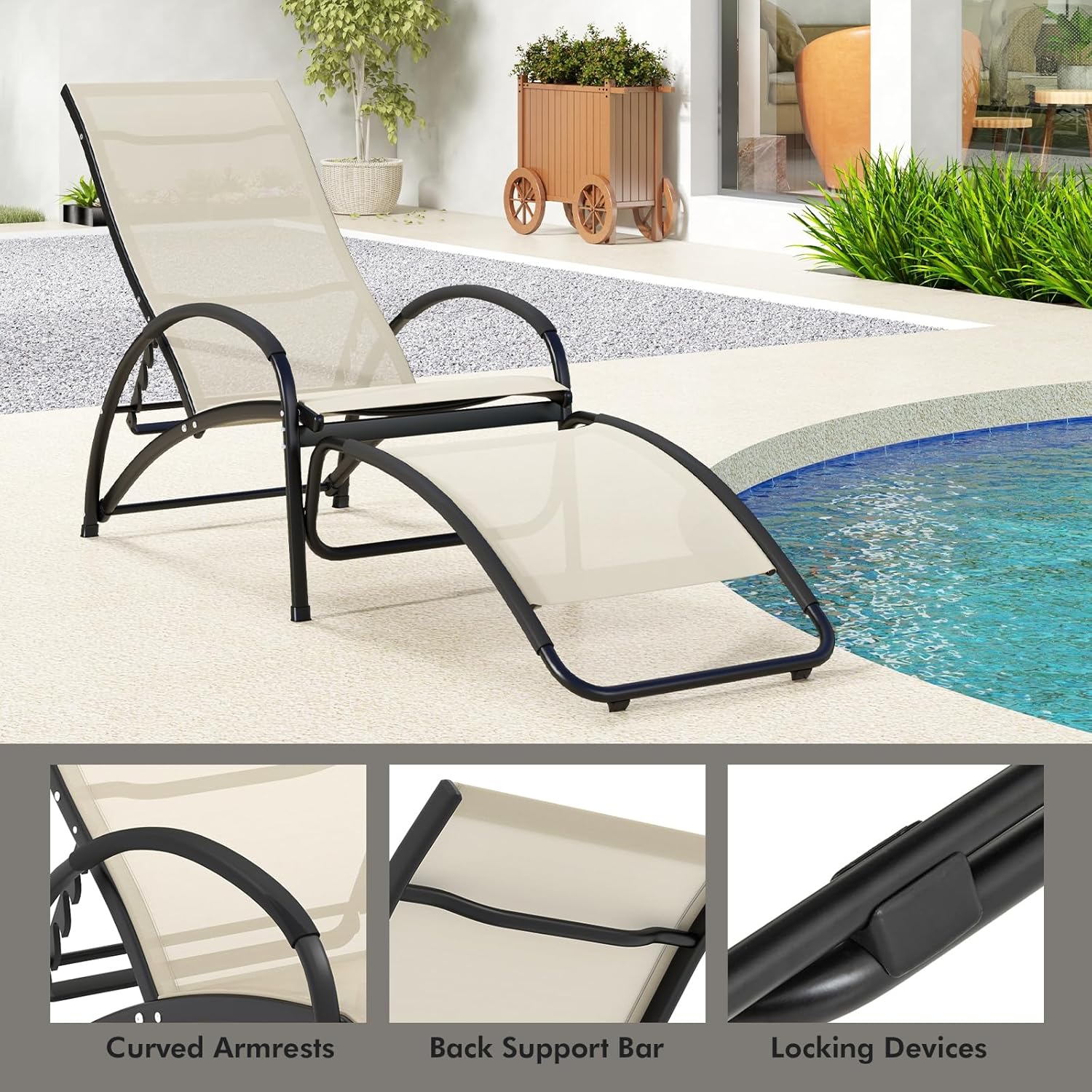 2 in 1 Garden Sun Lounger Rocking Chair Adjustable Beige