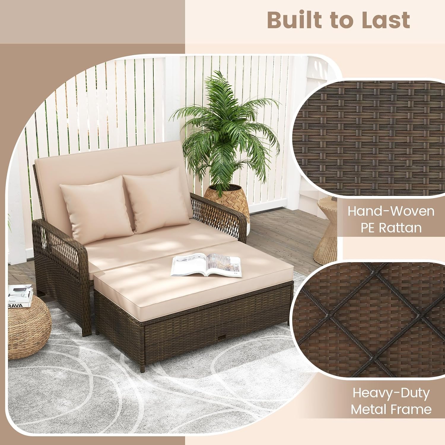 Patio Rattan Daybed Double Sun Lounger Storage Beige
