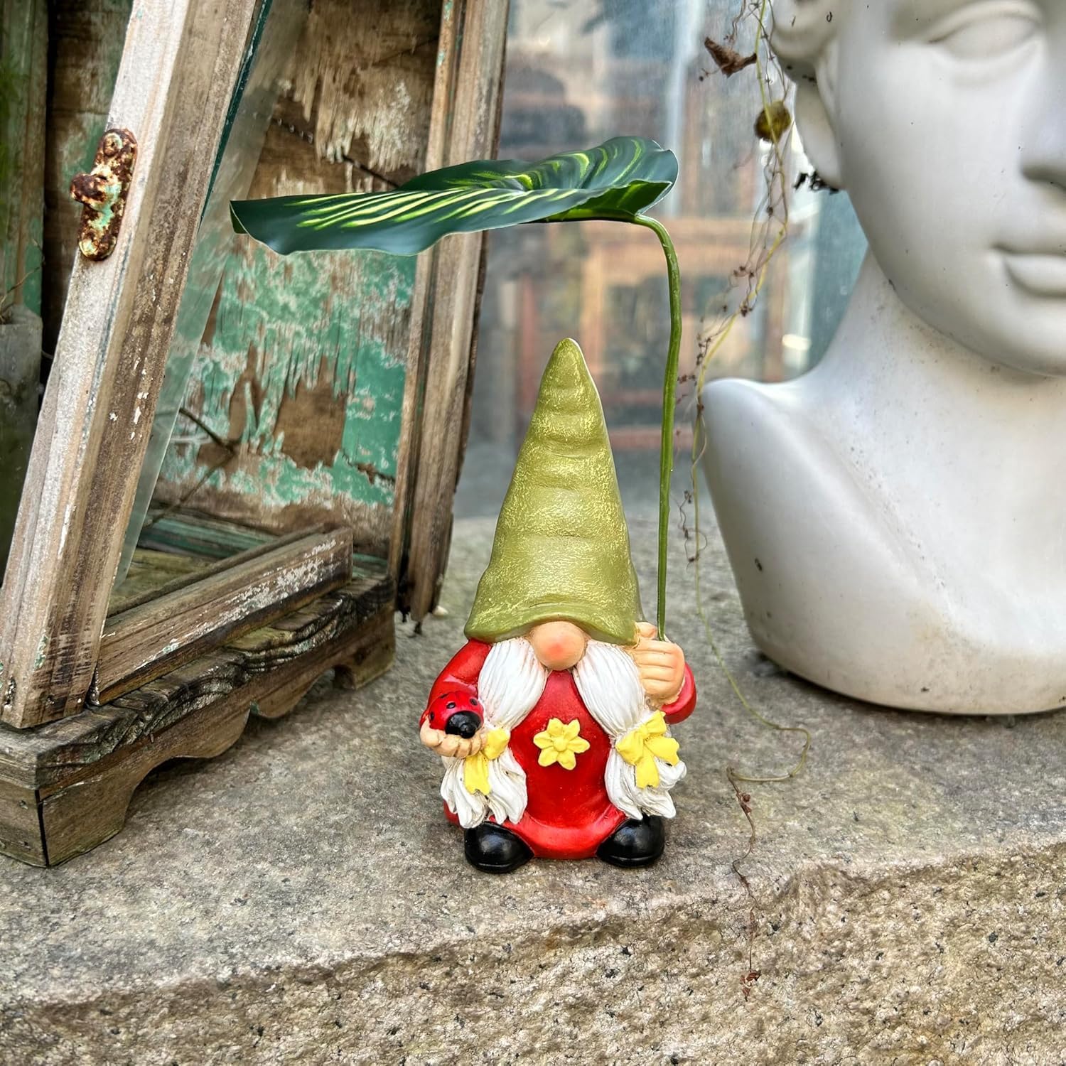 Female Garden Gnome Statue Leaf Umbrella Resin Outdoor Decor