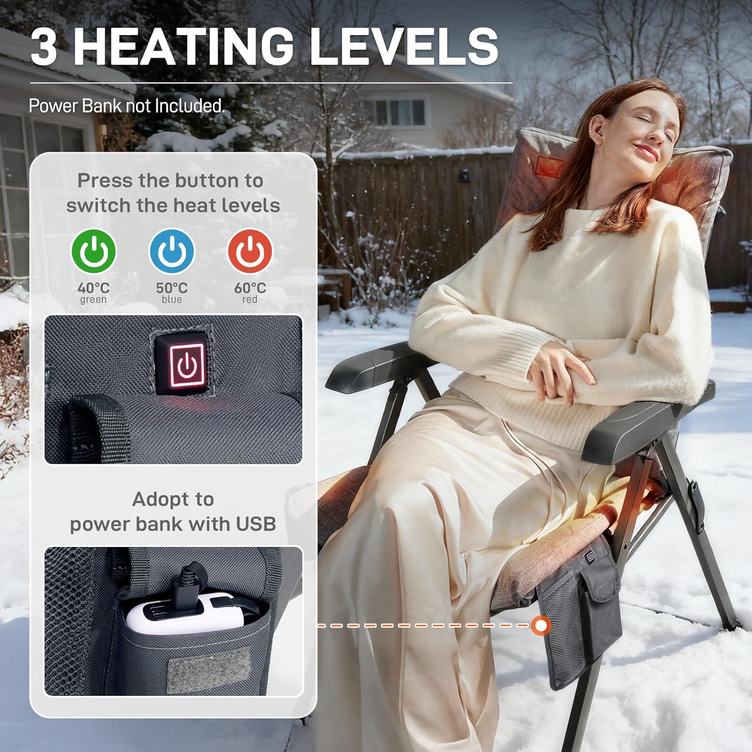 Heated Reclining Camping Chair 150kg High Back Padded