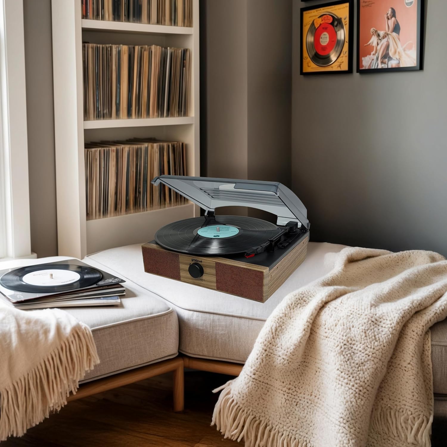 Retro Bluetooth Turntable with Speakers Alarm Clock