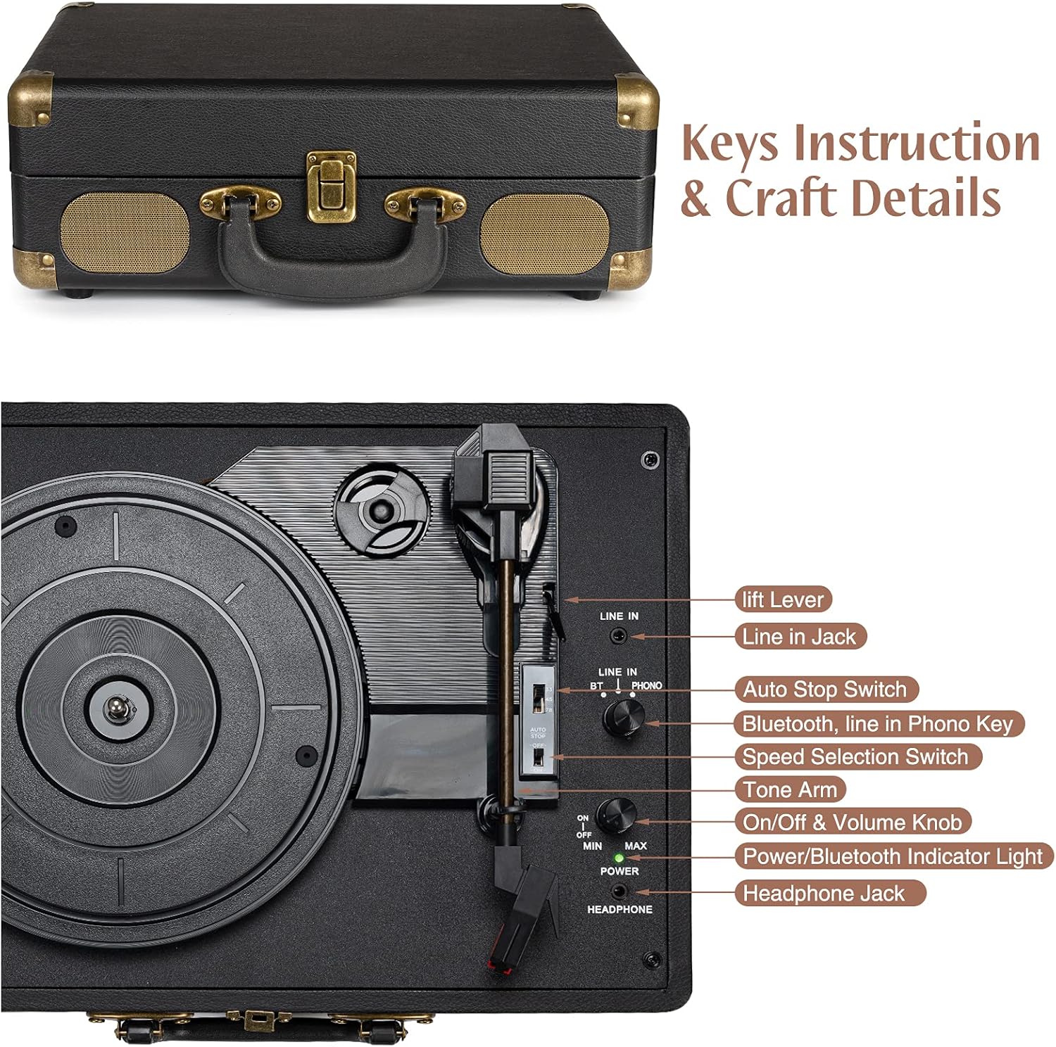 Portable 3-Speed Vinyl Record Player Bluetooth Suitcase Turntable