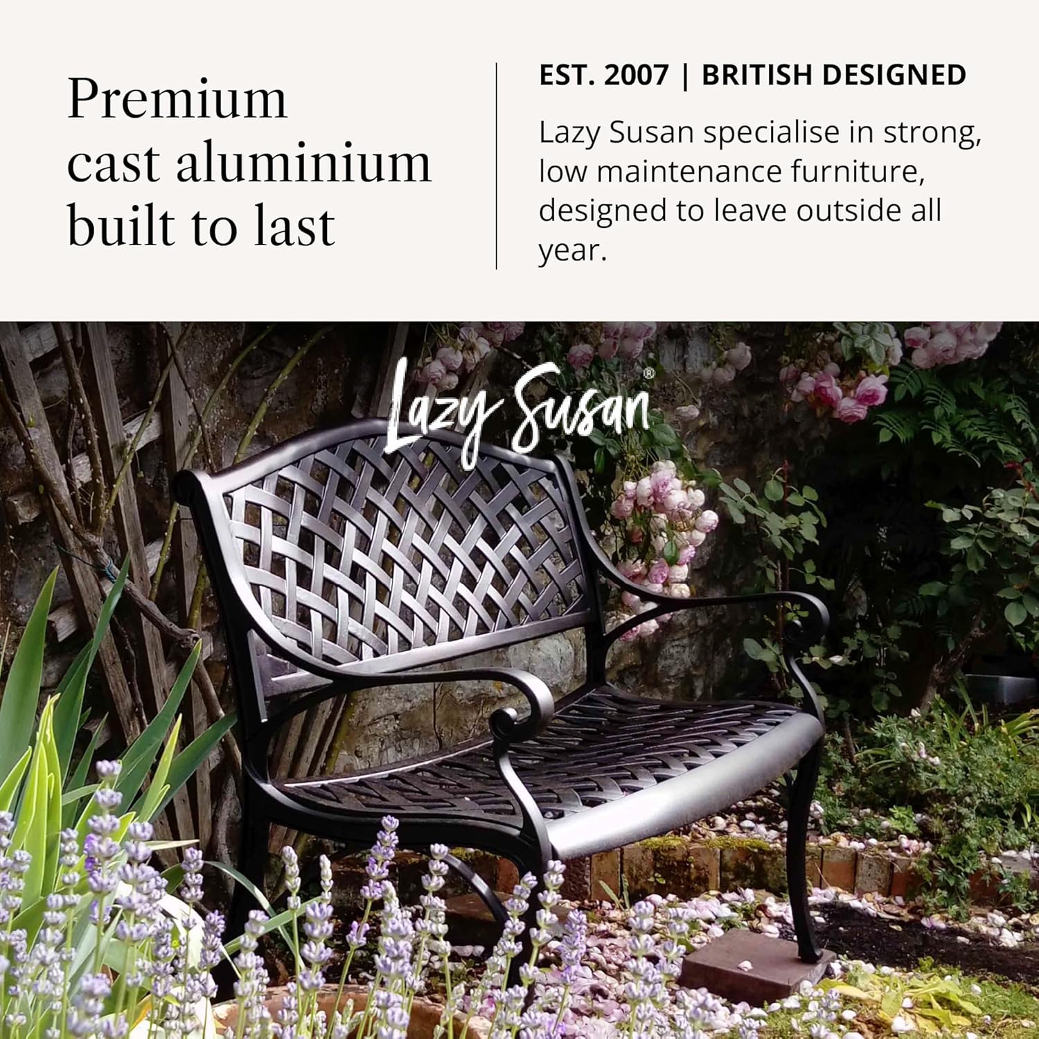 Cast Aluminium Garden Bench 2 Seater Outdoor Patio Seat Cushion
